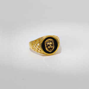 Black Plate Gold-Filed Lion Face Gents Ring